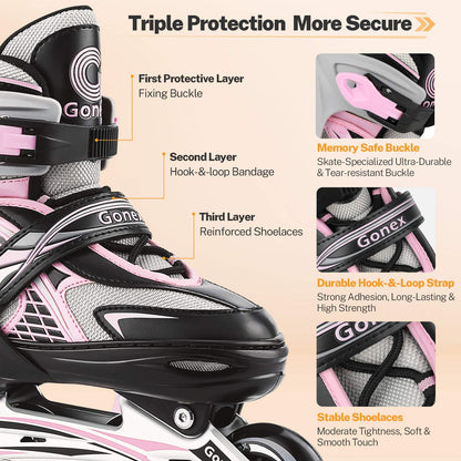 Gonex Inline Skates, Adjustable Inline Roller Skates Blades with Illuminating Light Up Wheels for Kids Girls Boys Teens, Pink M