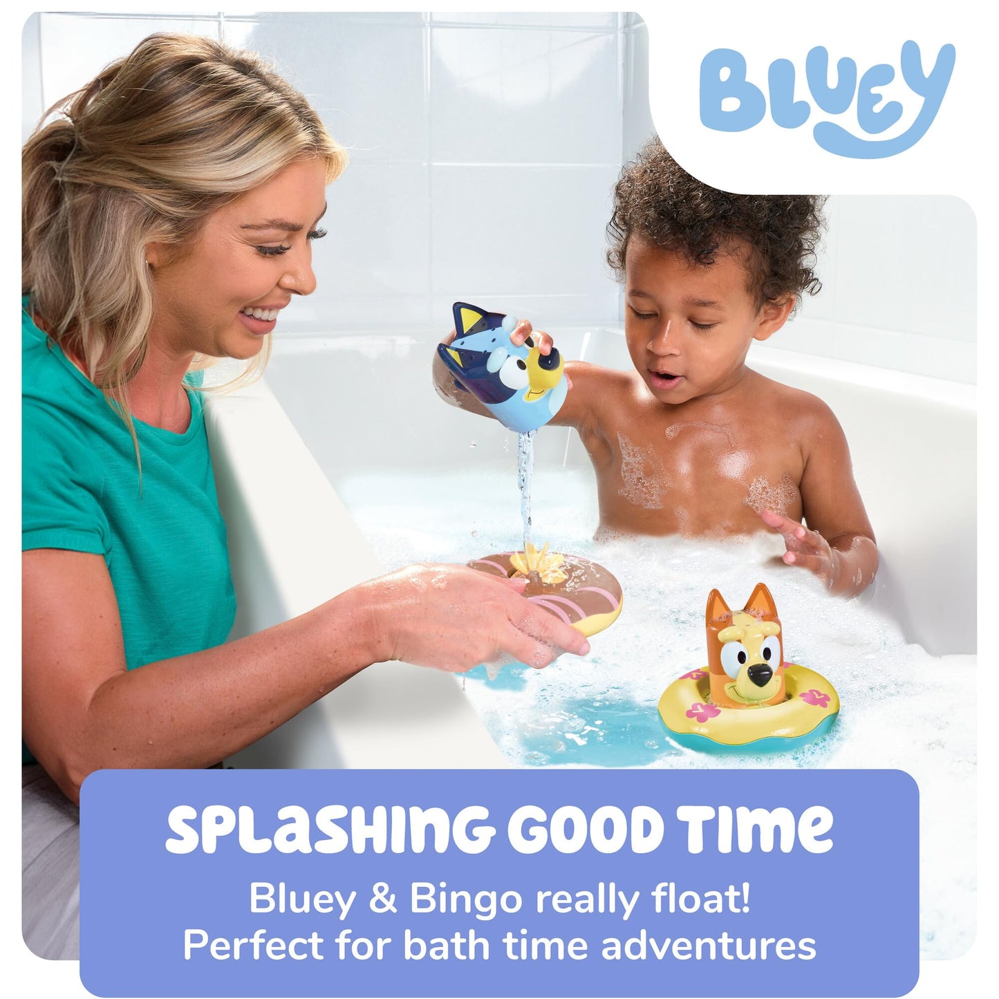 Toomies Bluey Bath Float 2 Pack | Pouring Cup Bluey and Bingo ToddlerBath Toys in Floating Pool Rings with Water Wheels | Officially Licensed BlueyToys | Toddler Toys for 18 Month Old Plus