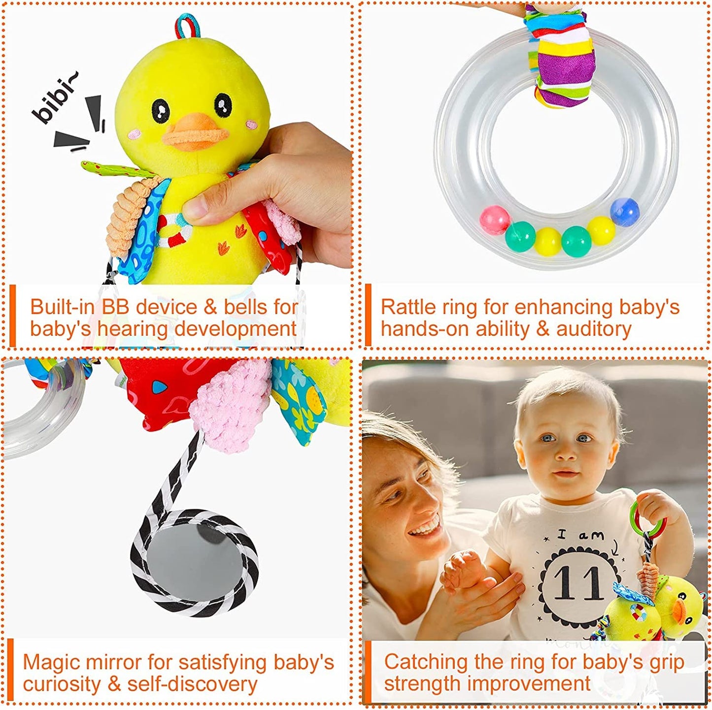 Funsland Pram Toys for Babies 0-6 Months, Clip On Car Seat Stroller Toys with Hanging Rattle, Newborn Sensory Toys for Baby Girls and Boys, Crib Travel Activity Plush Toys for Toddler 6-12 Months