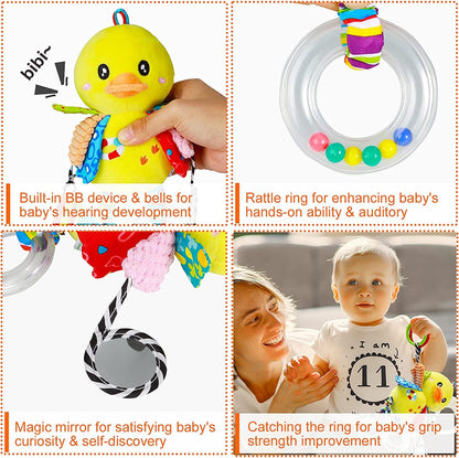 Funsland Pram Toys for Babies 0-6 Months, Clip On Car Seat Stroller Toys with Hanging Rattle, Newborn Sensory Toys for Baby Girls and Boys, Crib Travel Activity Plush Toys for Toddler 6-12 Months