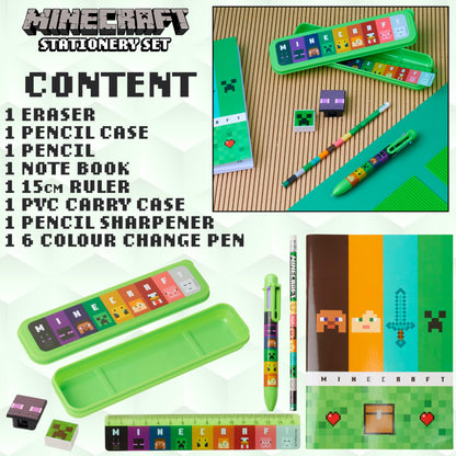 Minecraft Pencil Case and Stationery Set for Kids Filled Pencil Pouch Notebook Sticky Notes Pencils Creeper School Supplies Gamer Gifts for Kids (Green/Multi)