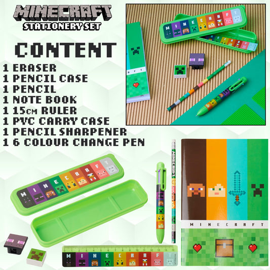 Minecraft Pencil Case and Stationery Set for Kids Filled Pencil Pouch Notebook Sticky Notes Pencils Creeper School Supplies Gamer Gifts for Kids (Green/Multi)