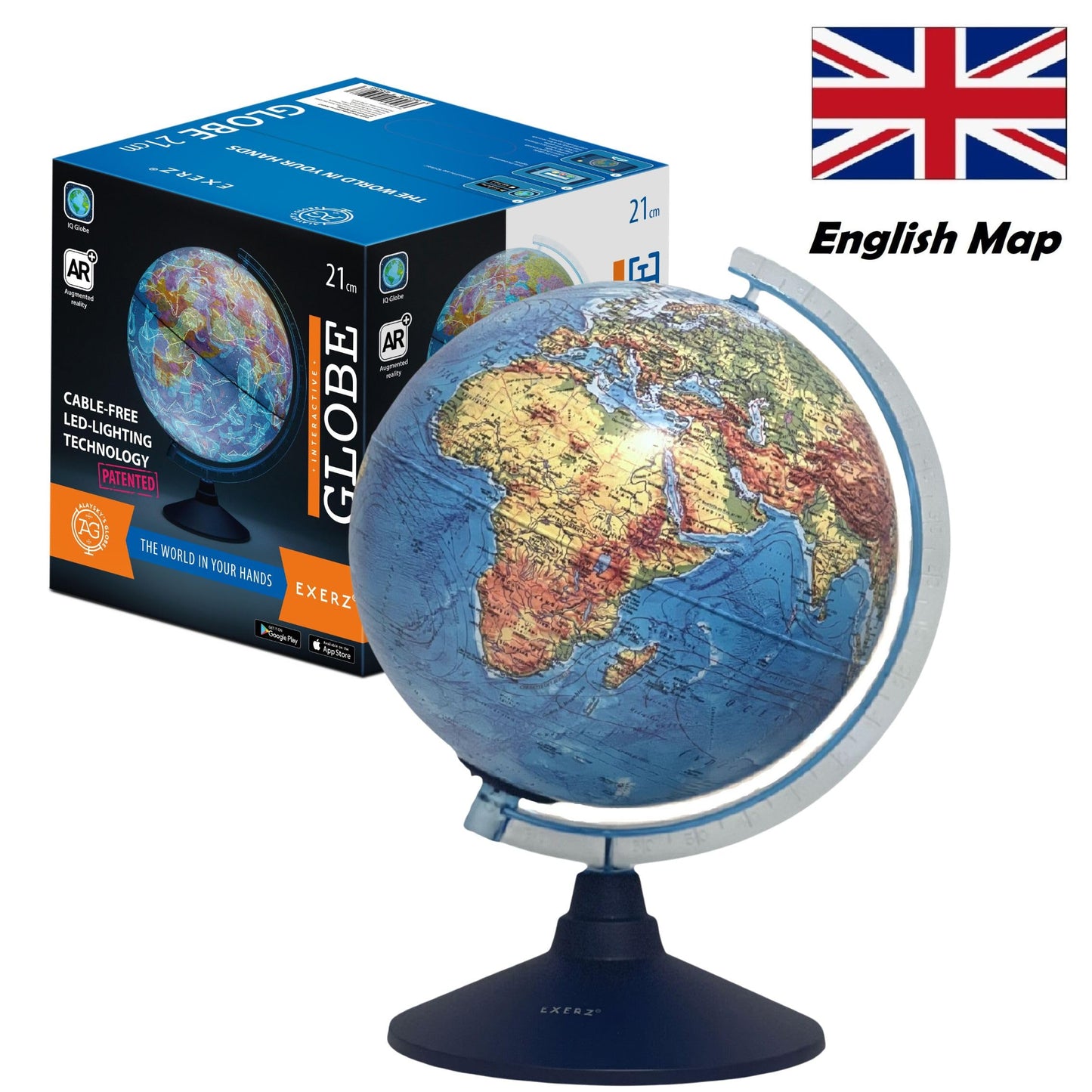 Exerz 21cm illuminated globe showing physical map with constellation stars, featuring a light-up, swivel, rotating design.