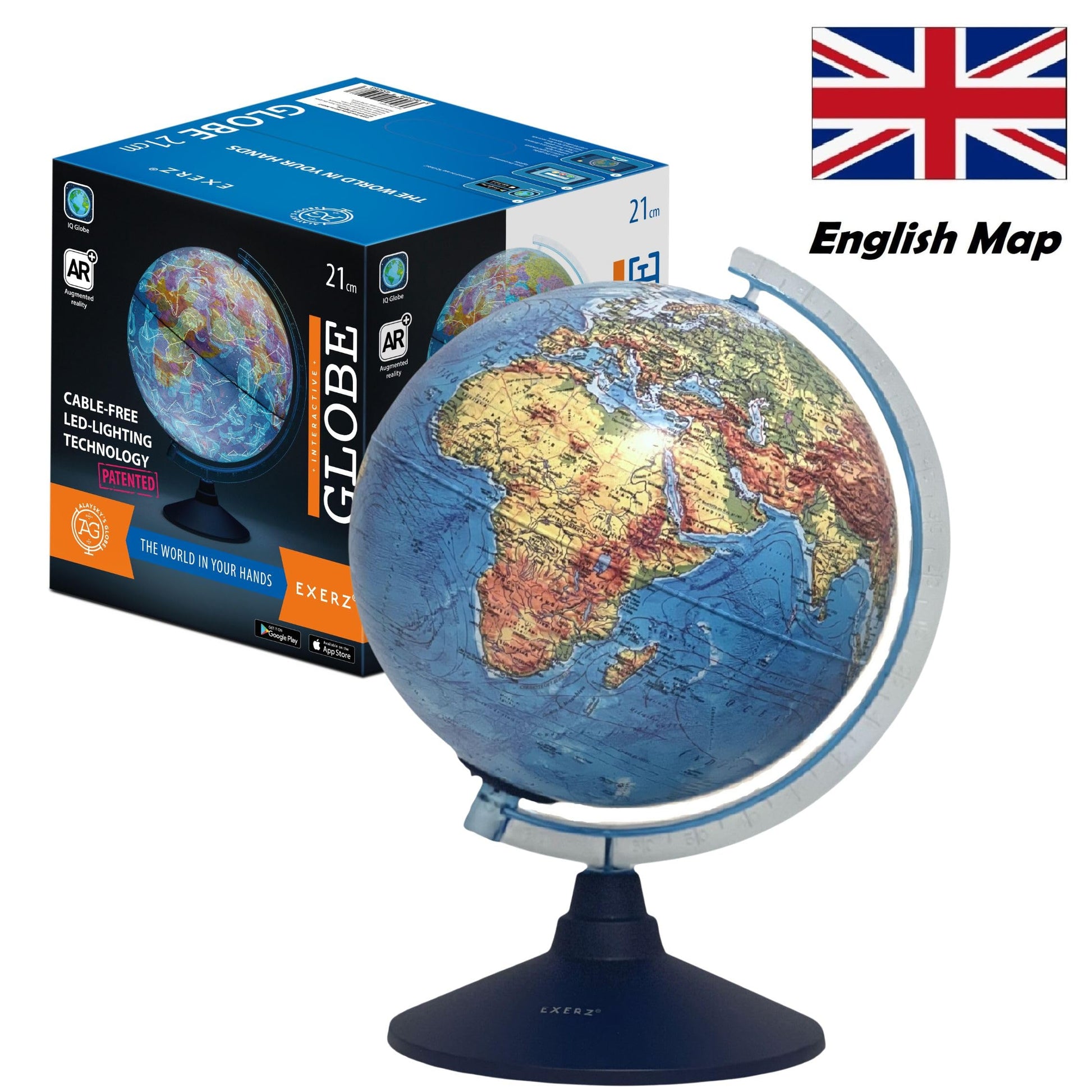 Exerz 21cm illuminated globe showing physical map with constellation stars, featuring a light-up, swivel, rotating design.