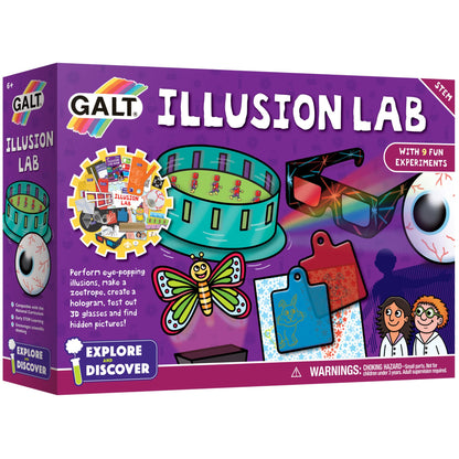 Galt Illusion Lab science kit with colorful experiment materials for kids, featuring eye-popping illusions and STEM activities for children.
