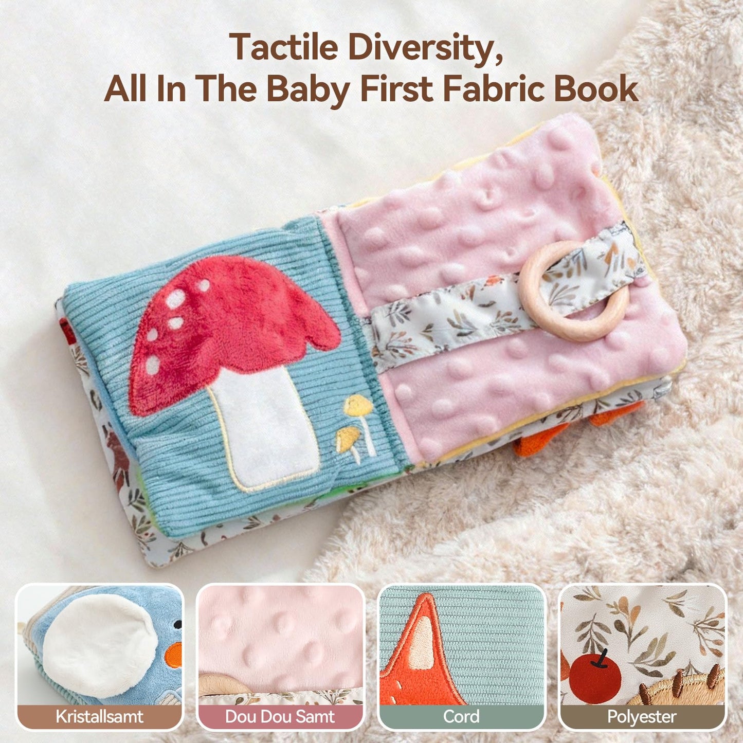WOODEN TEETHER Baby Soft Books 0-6 Months, Touch and Feel Crinkle Cloth Activity Books - Sensory Books Toy with Mirror for Newborns 0 3 6 12 Months, Car Seat Gifts for Infants Girls Boys
