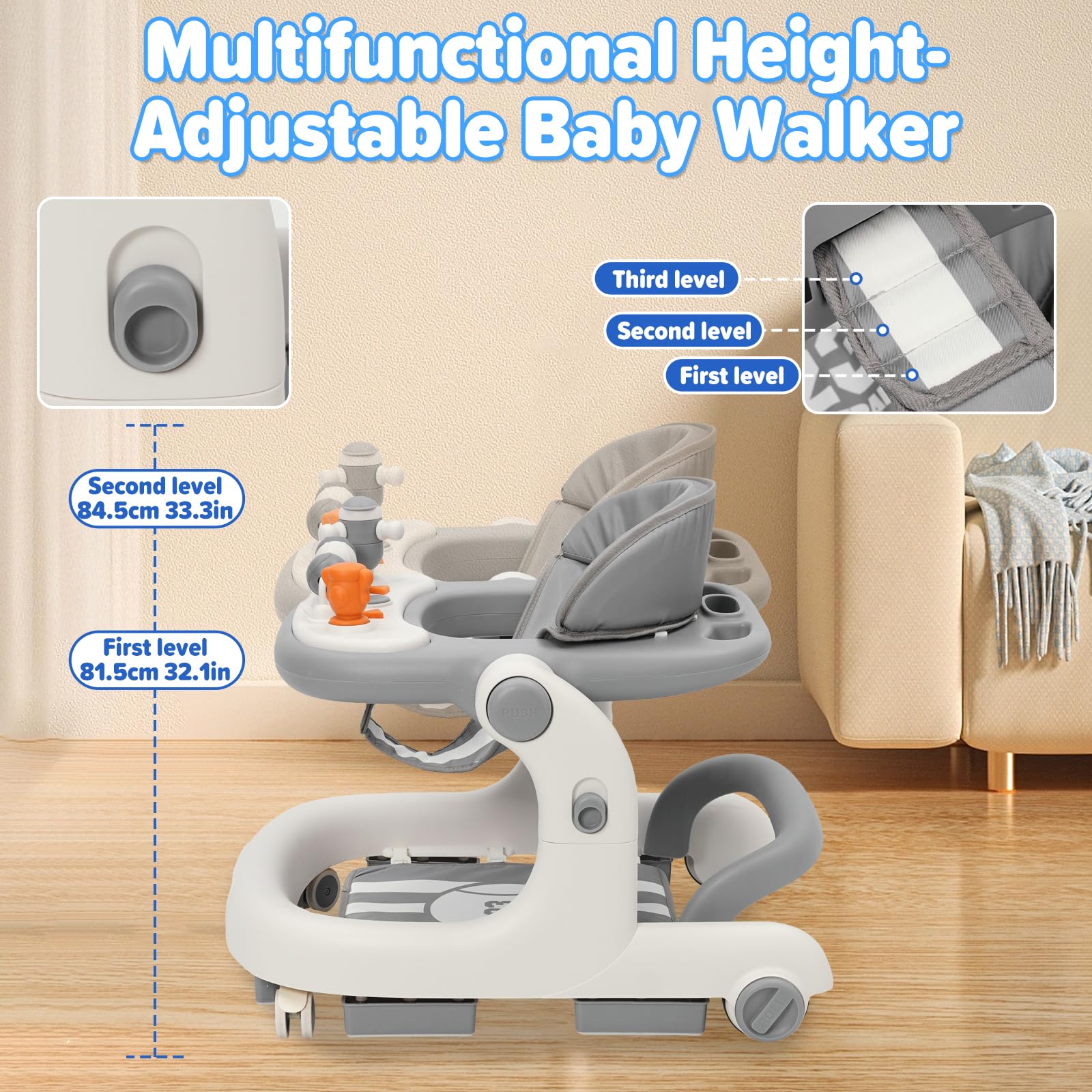 Yosamy 3-in-1 baby walker with lights, music, adjustable height, and anti-rollover design, suitable for babies 6-12 months.