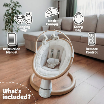 BooBoo Baby swing and bouncer seat with toy bar, Bluetooth audio, remote, and carry case, designed for soothing and entertaining infants.