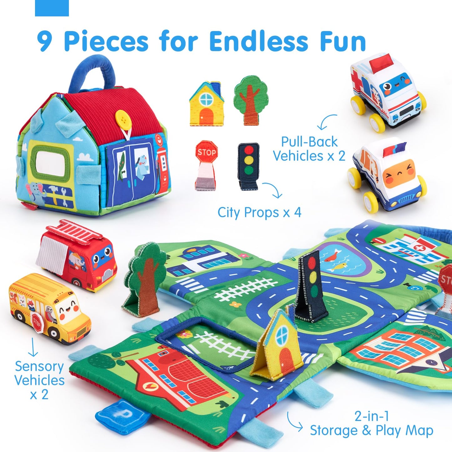 hahaland Baby Toys 6-12 Months Cars Plush Sensory Toys with a Storage Bag, Sensory Car, Pull-Back Cars, City Props Kits, Mirror, Montessori Toy Sensory Toy for Babies Toddlers 1-3，Boys Birthday Gift