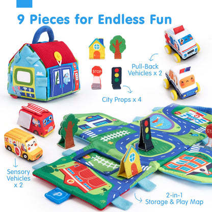 hahaland Baby Toys 6-12 Months Cars Plush Sensory Toys with a Storage Bag, Sensory Car, Pull-Back Cars, City Props Kits, Mirror, Montessori Toy Sensory Toy for Babies Toddlers 1-3，Boys Birthday Gift