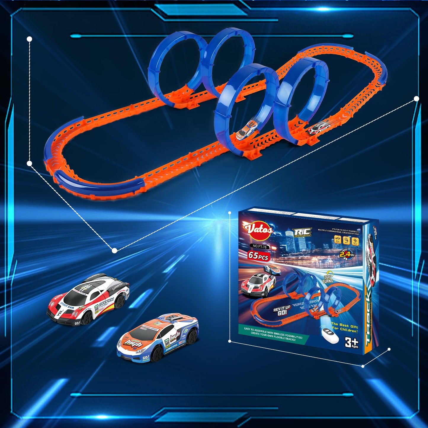 DIY Dual RC Slot Cars Track, VATOS Race Car Track Set for Kids 3-7, 360° Loop High Speed Competitive Tracks Toy with 2pcs Race cars, Christmas Birthday Gift for Boys Girls 3 4 5 6 7 8 9 Years Old
