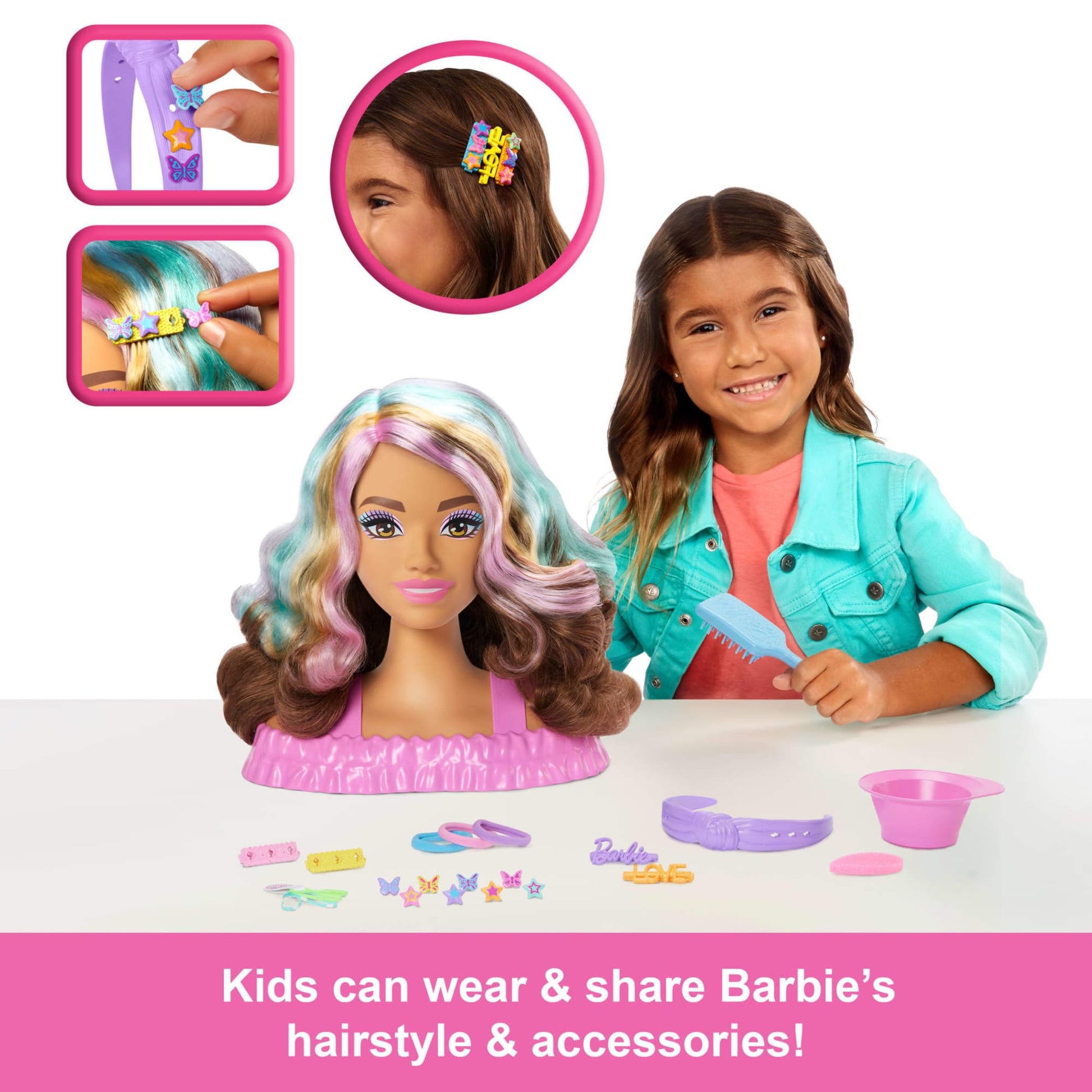 Barbie Doll Styling Head with dark brown hair, 20+ accessories, star and butterfly color change hair clips, JFG82.