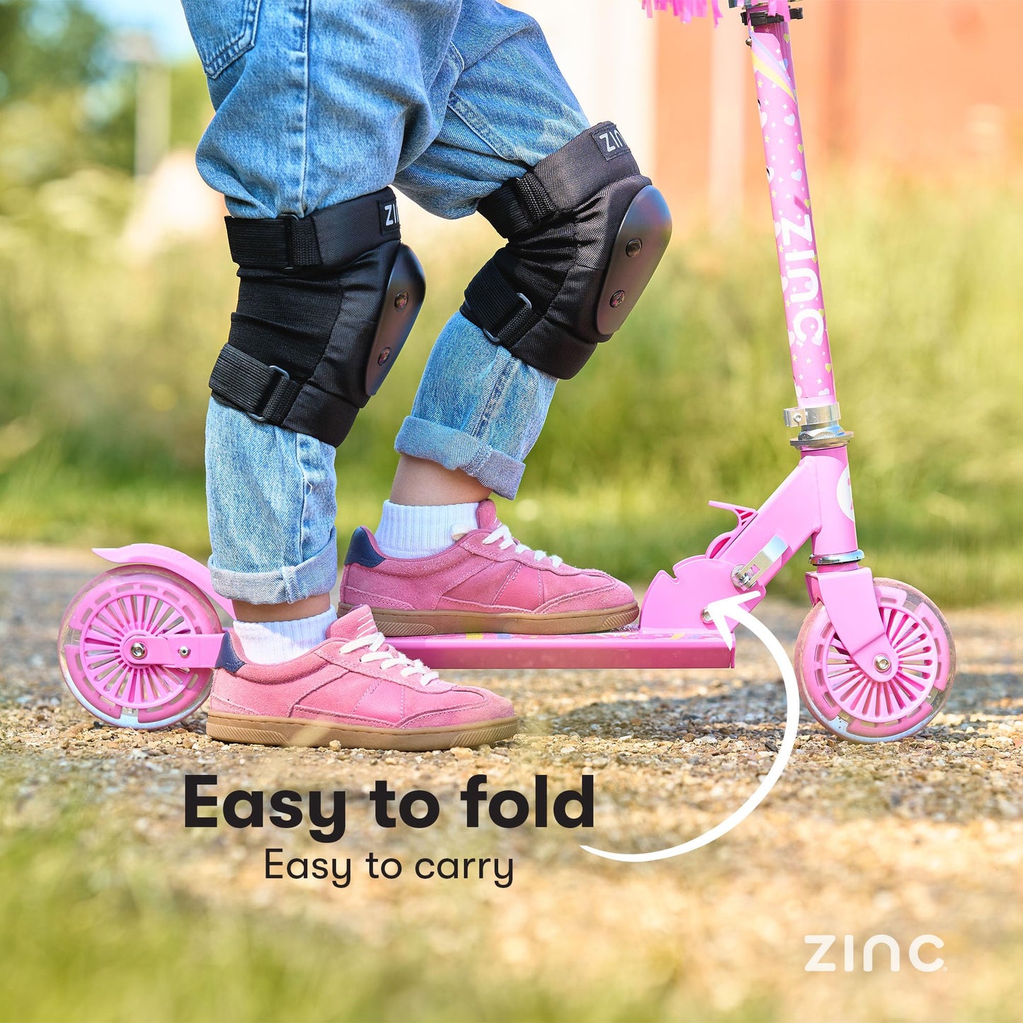 Zinc Kids Scooter for Ages 3+, Folding 2-Wheel Kick Scooter with Light Up Wheels, Height Adjustable, Anti-Slip Footplate, Rear Footbrake, Unicorn with Tassels