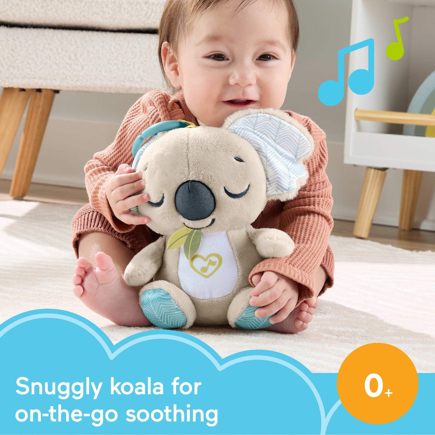 Fisher-Price Baby Toy On-the-Go Koala Soother plush sound machine with white noise and music for newborns, portable and soft.