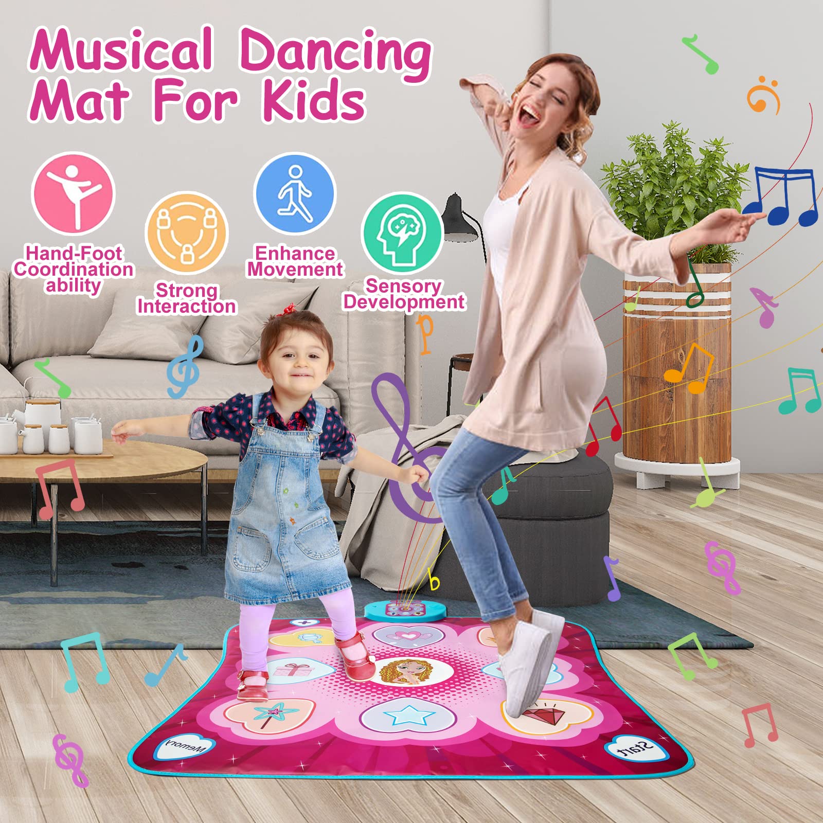 JUYOUNGA music dance mat for girls with LED lights, 5 play modes, adjustable volume, and challenge levels, suitable for ages 3+