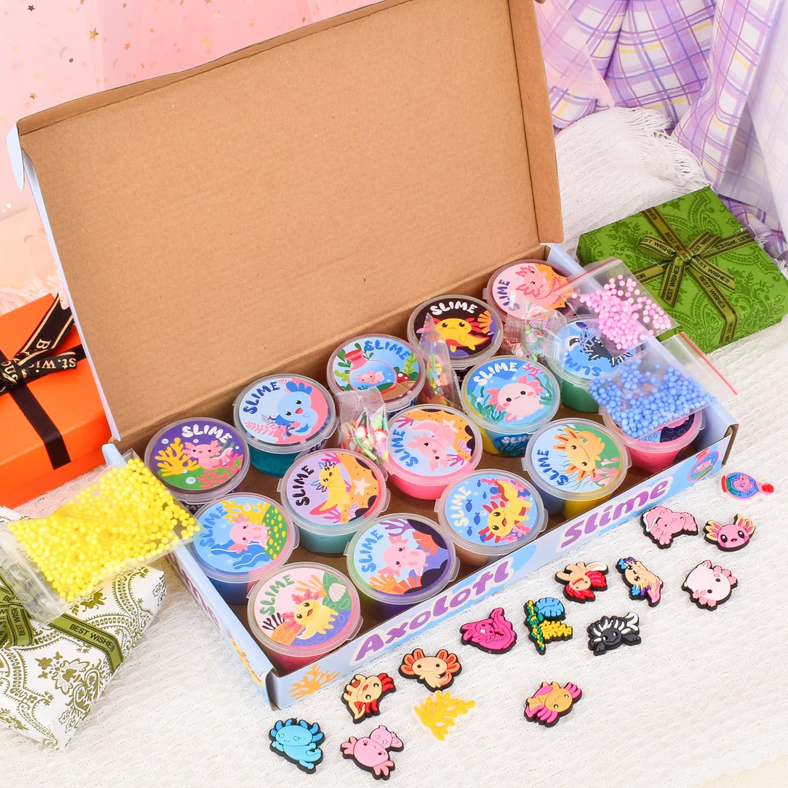 15 pack of Bretohay axolotl slime kits with cloud, butter, and clear slime, featuring axolotl charms for kids' fun and classroom rewards