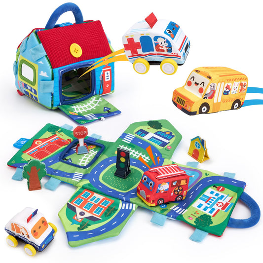 hahaland Baby Toys 6-12 Months Cars Plush Sensory Toys with a Storage Bag, Sensory Car, Pull-Back Cars, City Props Kits, Mirror, Montessori Toy Sensory Toy for Babies Toddlers 1-3，Boys Birthday Gift