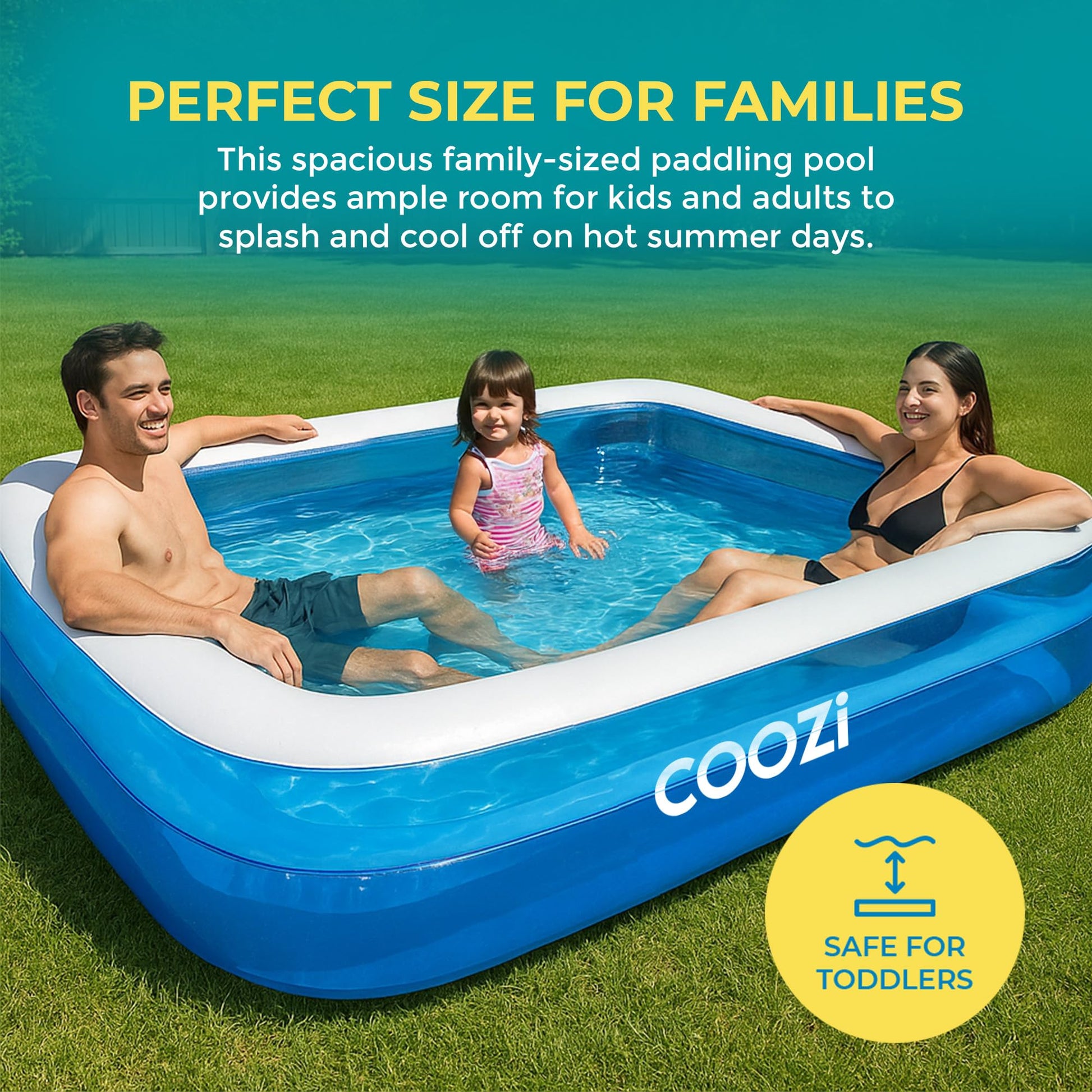 COOZi 2.6M inflatable paddling pool for kids and adults, large rectangular outdoor swimming pool with repair patch for summer fun.