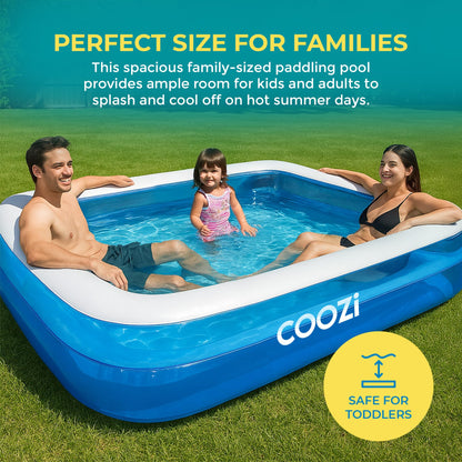 COOZi 2.6M inflatable paddling pool for kids and adults, large rectangular outdoor swimming pool with repair patch for summer fun.