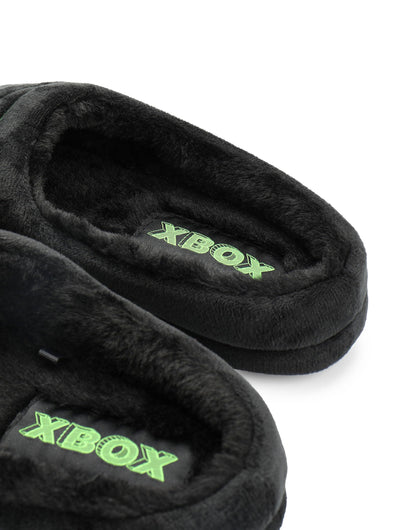 Xbox men's black velour slippers with gaming logo, fur-lined interior, rubber sole, perfect for indoor gaming and comfortable house footwear.