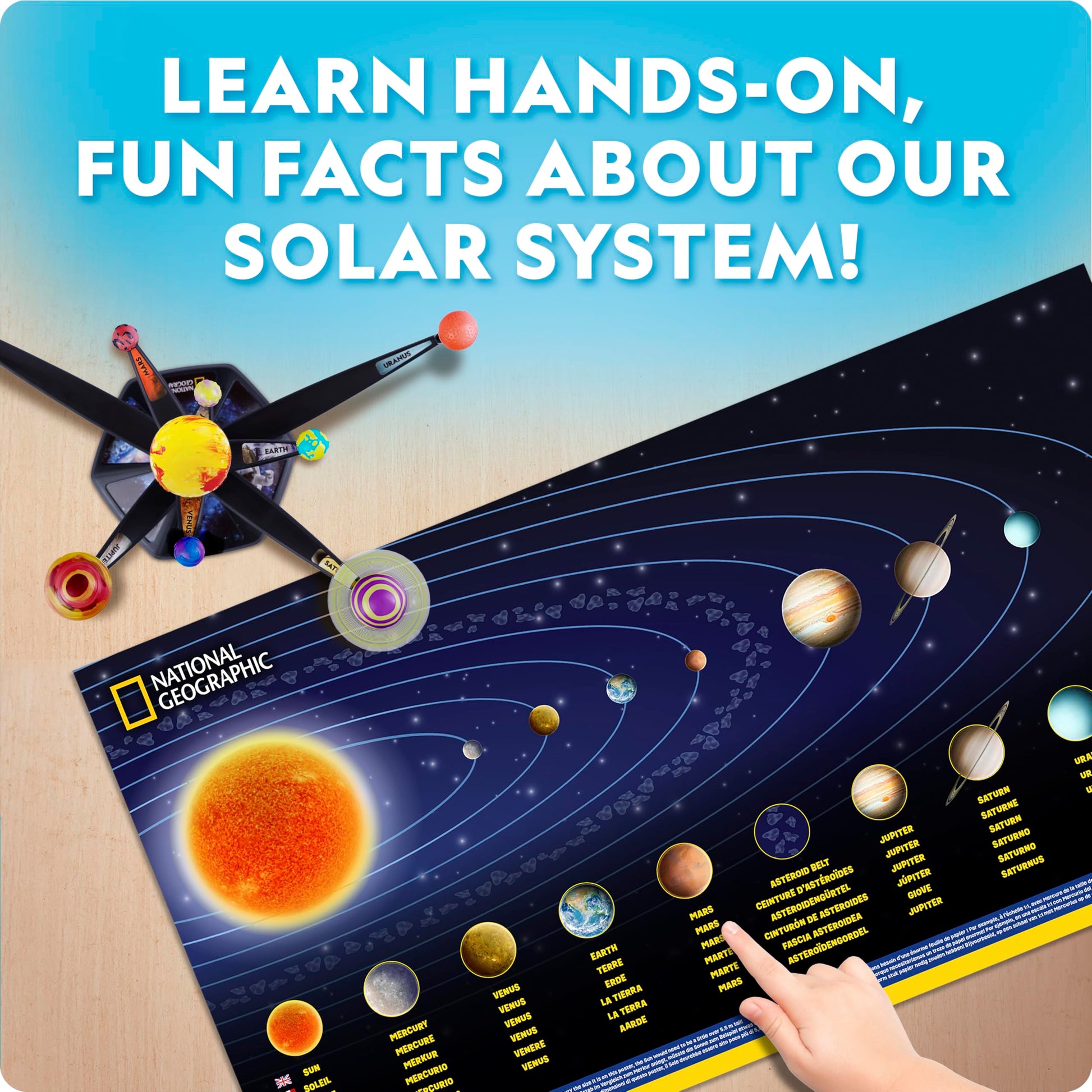 Blue Marble National Geographic glow-in-the-dark solar system model kit for kids, featuring 3D planets with movable arms for STEM projects.