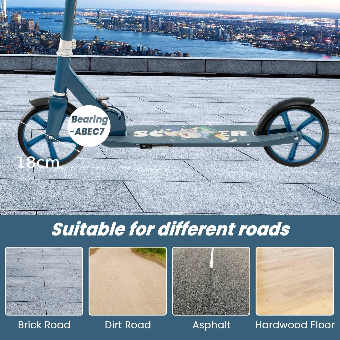 SPOTRAVEL folding kick scooter for kids, featuring adjustable handlebar, rear brake, and lightweight design for ages 8 and up.