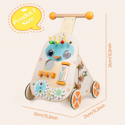 Wooden Jacootoys toddler activity walker with adjustable speed, 7 educational activities, push and pull design for boys and girls aged 1-3.