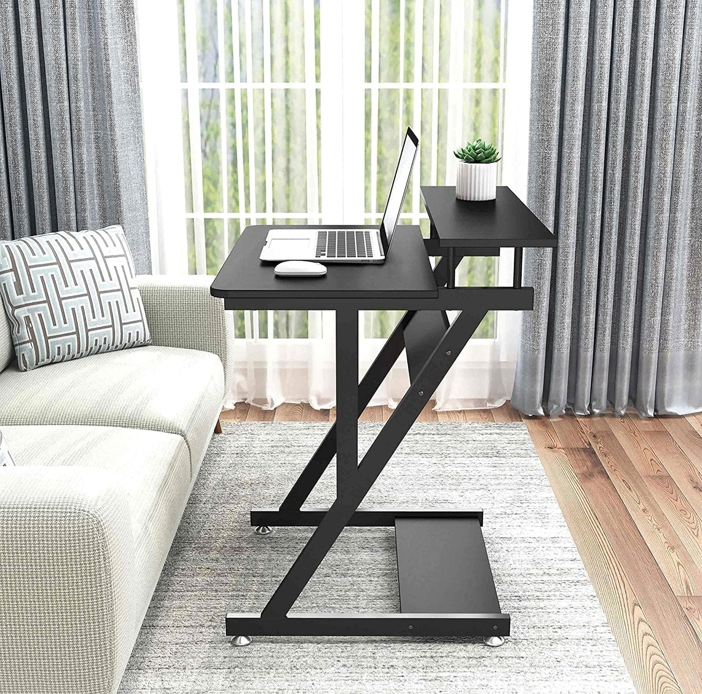 Dripex black computer desk with monitor shelf, mobile wheels, storage shelves, Z-shaped design, ideal for small home office spaces