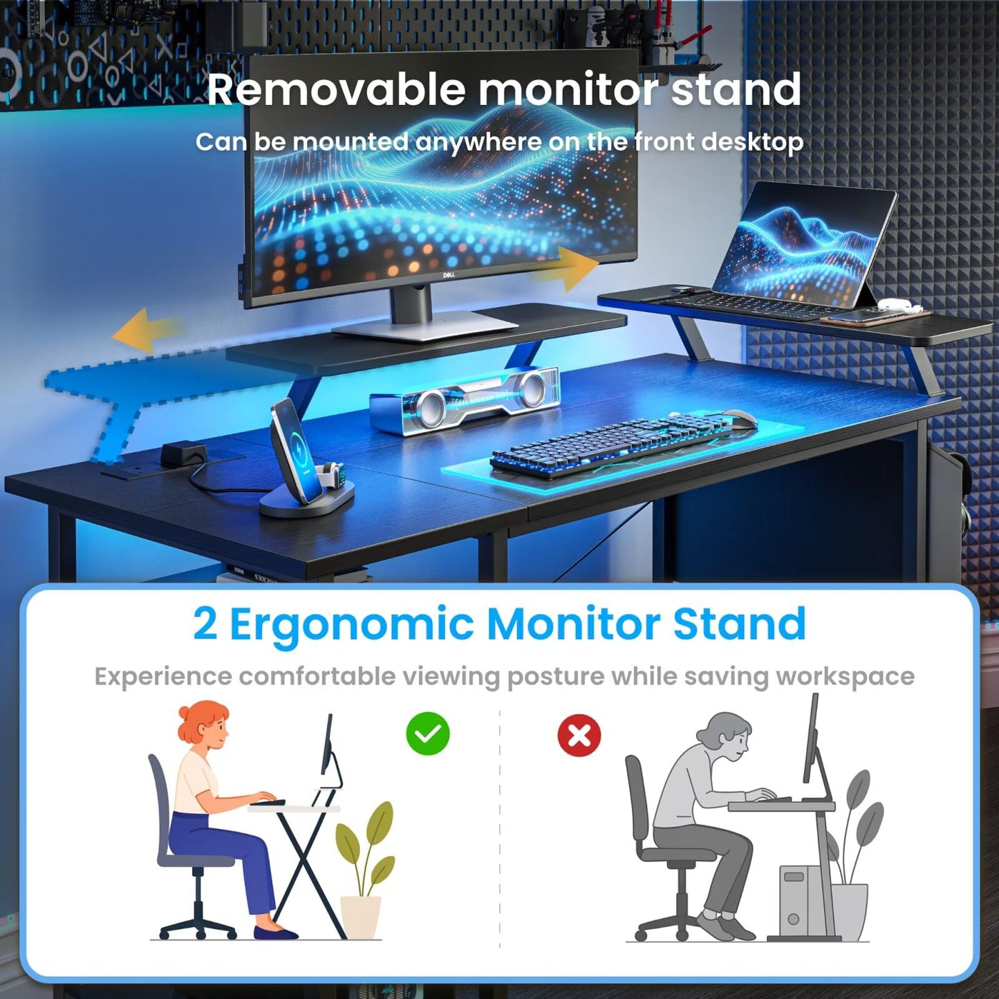 Black DOMSHOCT gaming desk with LED lights, power outlets, storage shelves, and reversible design, ideal for home office or study.