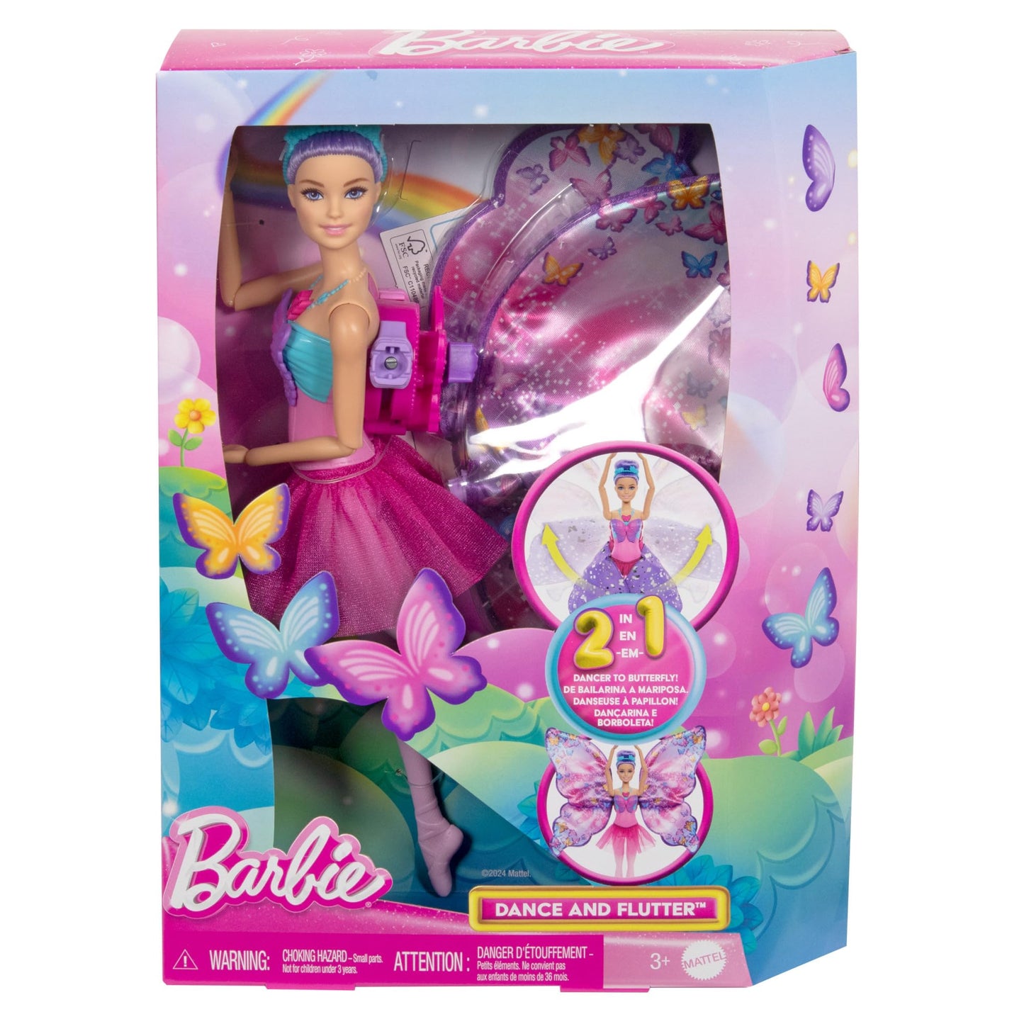 Barbie Dance and Flutter Doll with 2-in-1 Transformation from Dancer to Butterfly with Opening Wings, Purple Hair, Headpiece & Removable Tutu, HXJ10