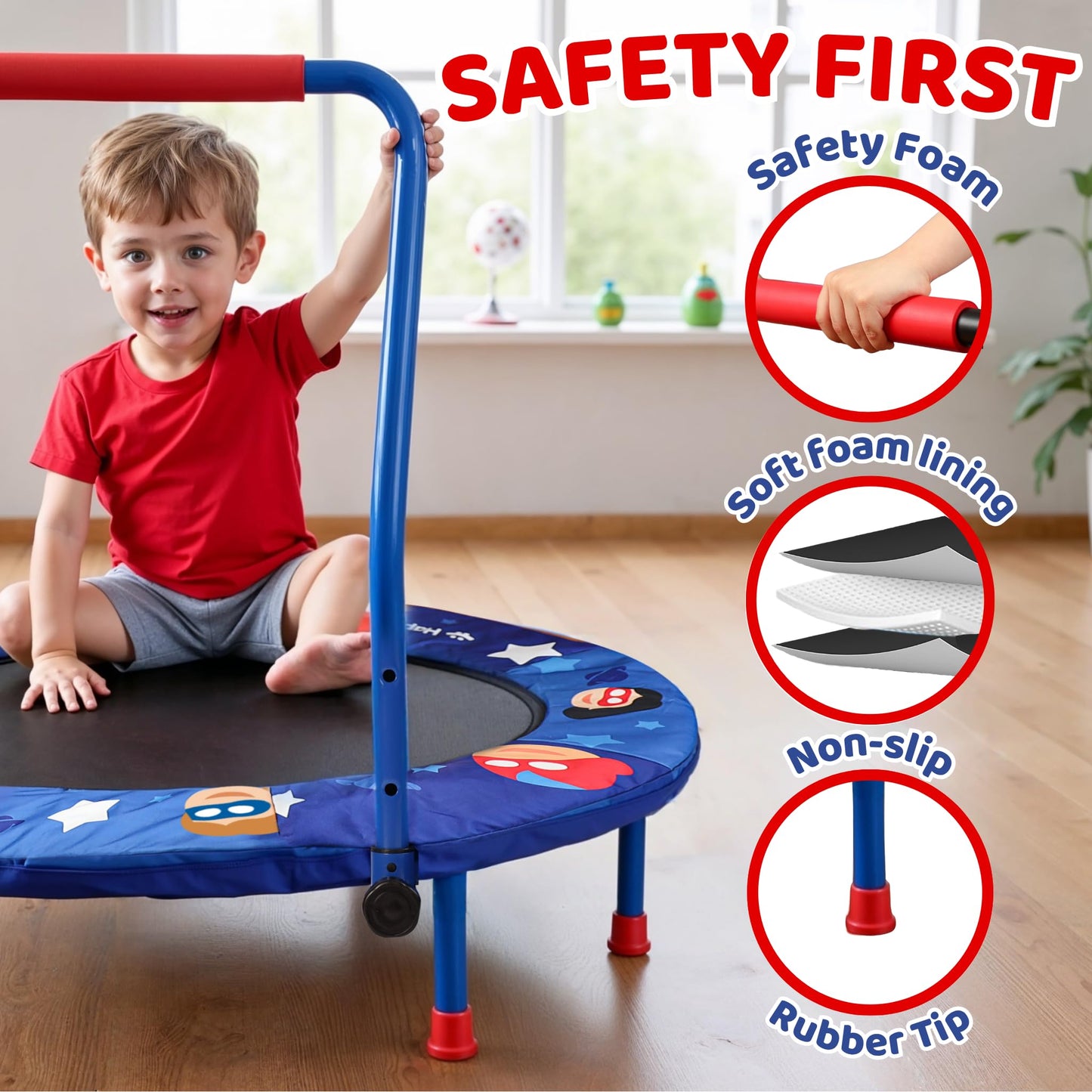 Happin 36" Mini Foldable Toddler Trampoline, Indoor Trampoline Kids with Height-Adjustable Handle, Noise-Free. Indoor & Outdoor with Super Safety Pad & Durable Steel Frame.