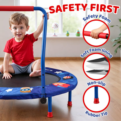 Happin 36" Mini Foldable Toddler Trampoline, Indoor Trampoline Kids with Height-Adjustable Handle, Noise-Free. Indoor & Outdoor with Super Safety Pad & Durable Steel Frame.