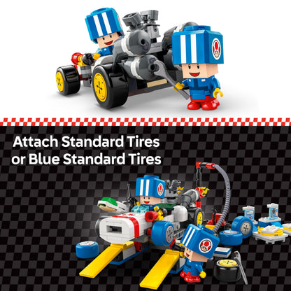 LEGO Super Mario Toad’s Garage set featuring Mario Kart mechanic toy with two blue Toad figures for kids and gamers.