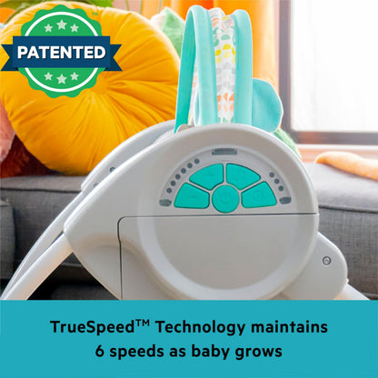 Bright Starts, Whimsical Wild Portable Compact Automatic Baby Swing with Music and Taggies, Removable Toy Bar with 2 Toys, Reclinable, 5 Point Harness, Newborn and up