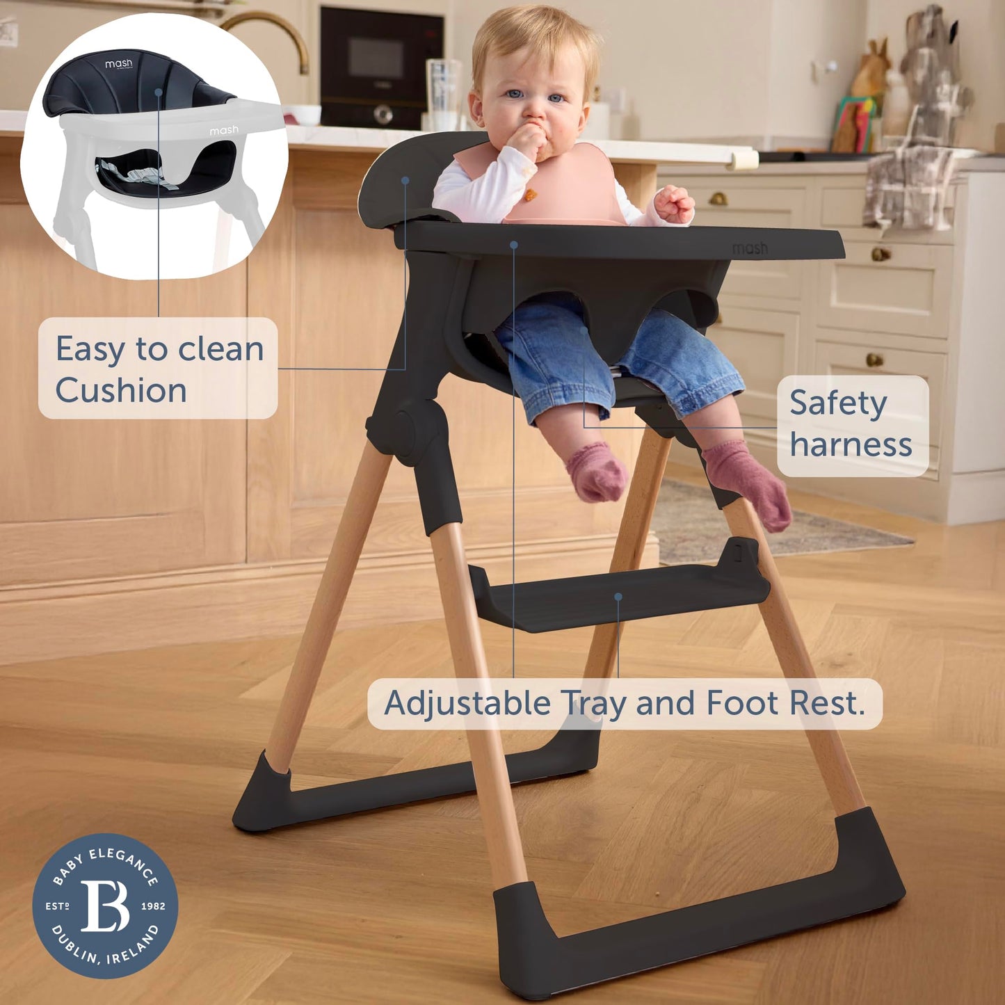 Mash High Chair Bundle by Baby Elegance | Includes Newborn Seat (0-6 Months), Toddler Seat (6+ Months) & Black Cushion | Adjustable Black High Chair for Babies & Toddlers
