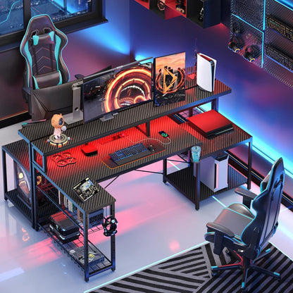 Bestier 181cm L-shaped gaming desk with RGB LED lights, monitor stand, storage shelf, cup holder, headset hook, and USB ports.