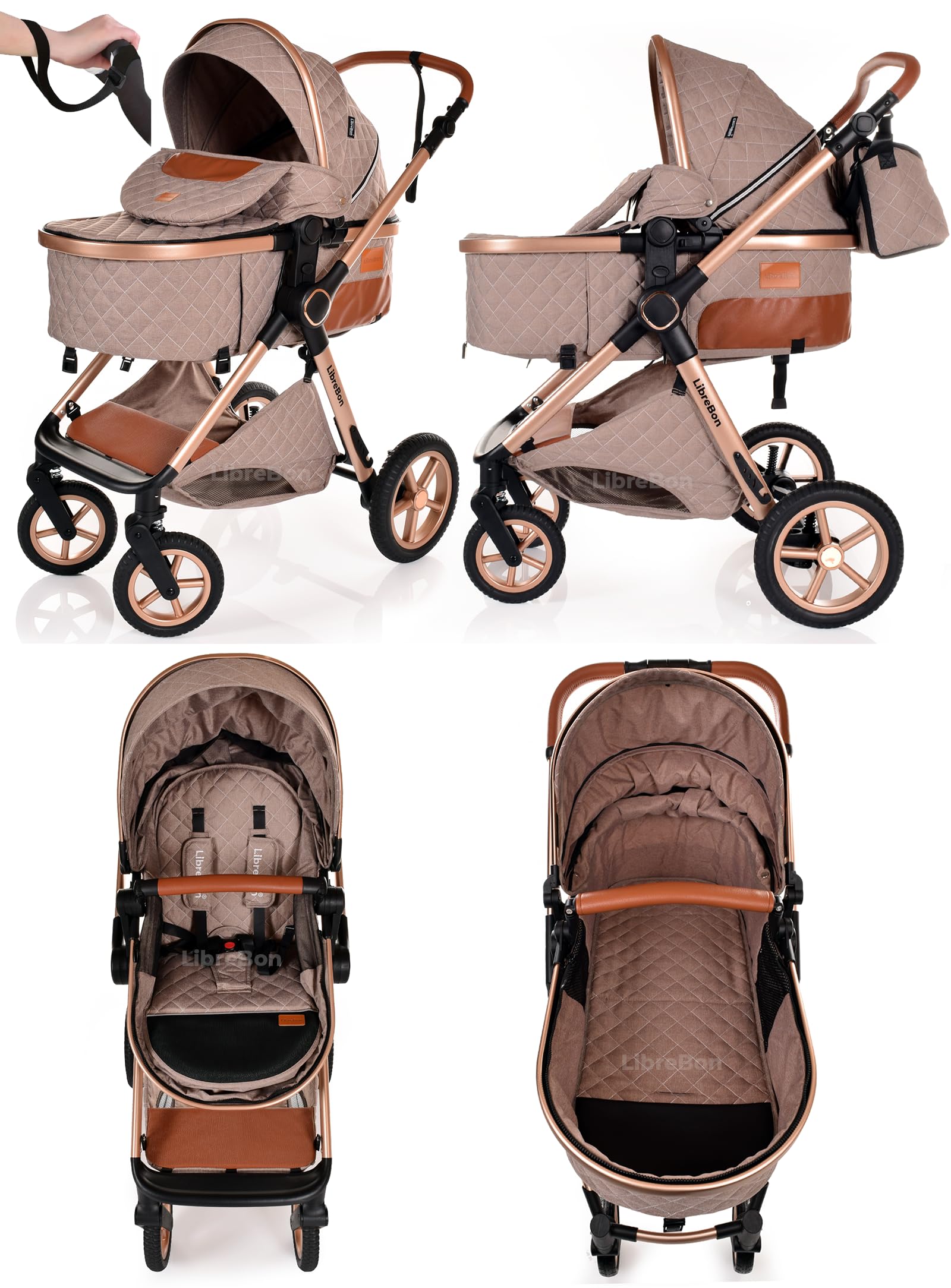 Boneelook Baby Buggy Pram Stroller 3-in-1 lightweight foldable travel system with beige fabric and rose gold aluminum frame for newborns