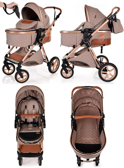 Boneelook Baby Buggy Pram Stroller 3-in-1 lightweight foldable travel system with beige fabric and rose gold aluminum frame for newborns