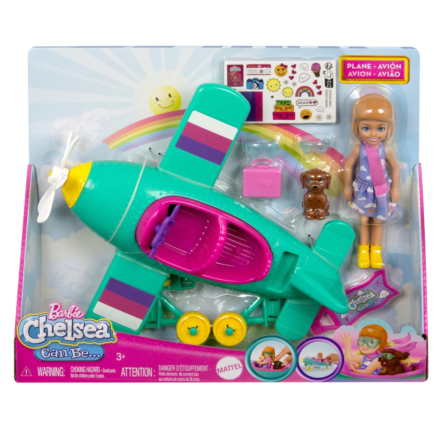 Barbie Chelsea Can Be doll with 2-seater plane, spinning propeller, puppy, stickers, and 7 accessories in colorful playset image.