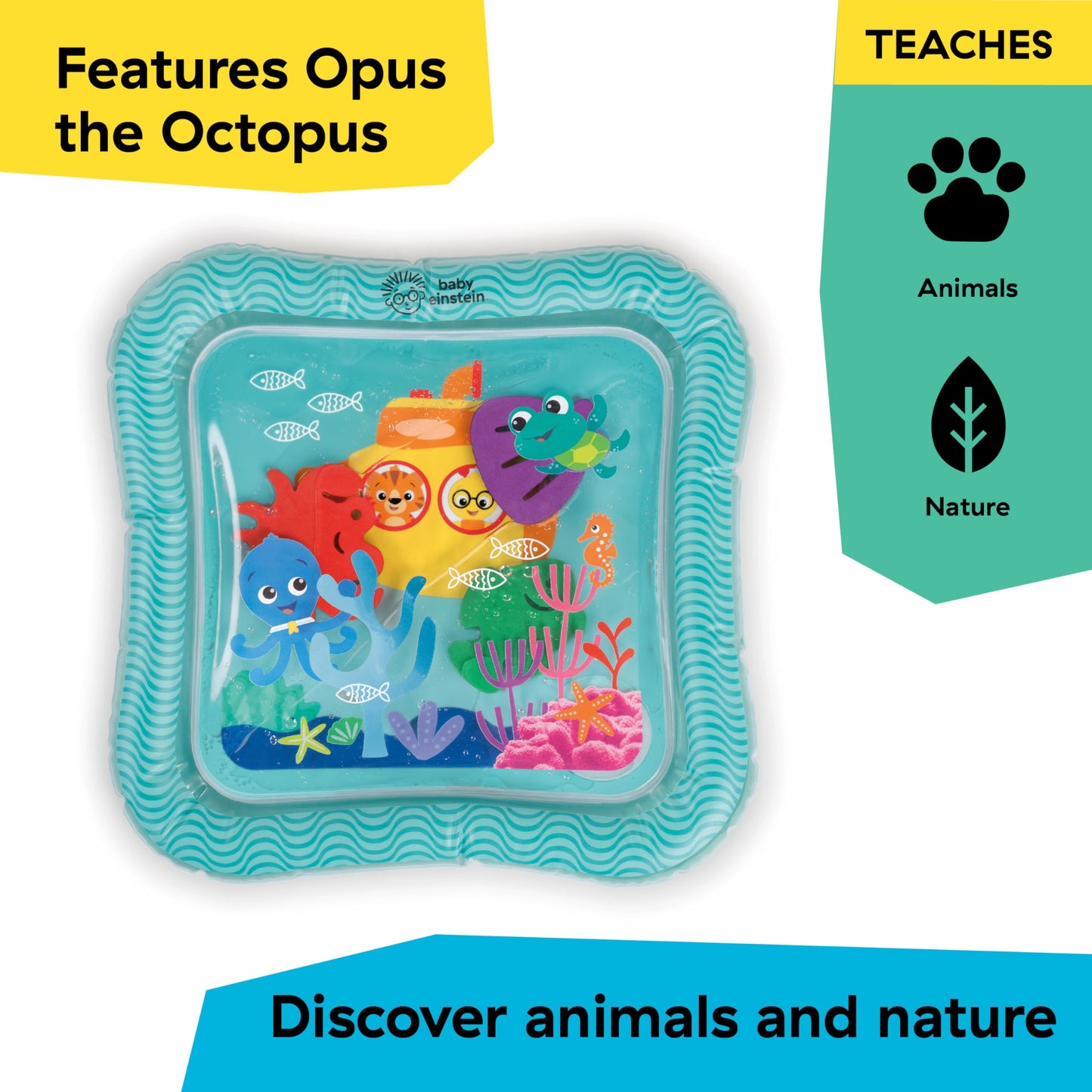 Baby Einstein Ocean Explorers sensory splash water mat with colorful ocean-themed designs for tummy time and seated play for infants.