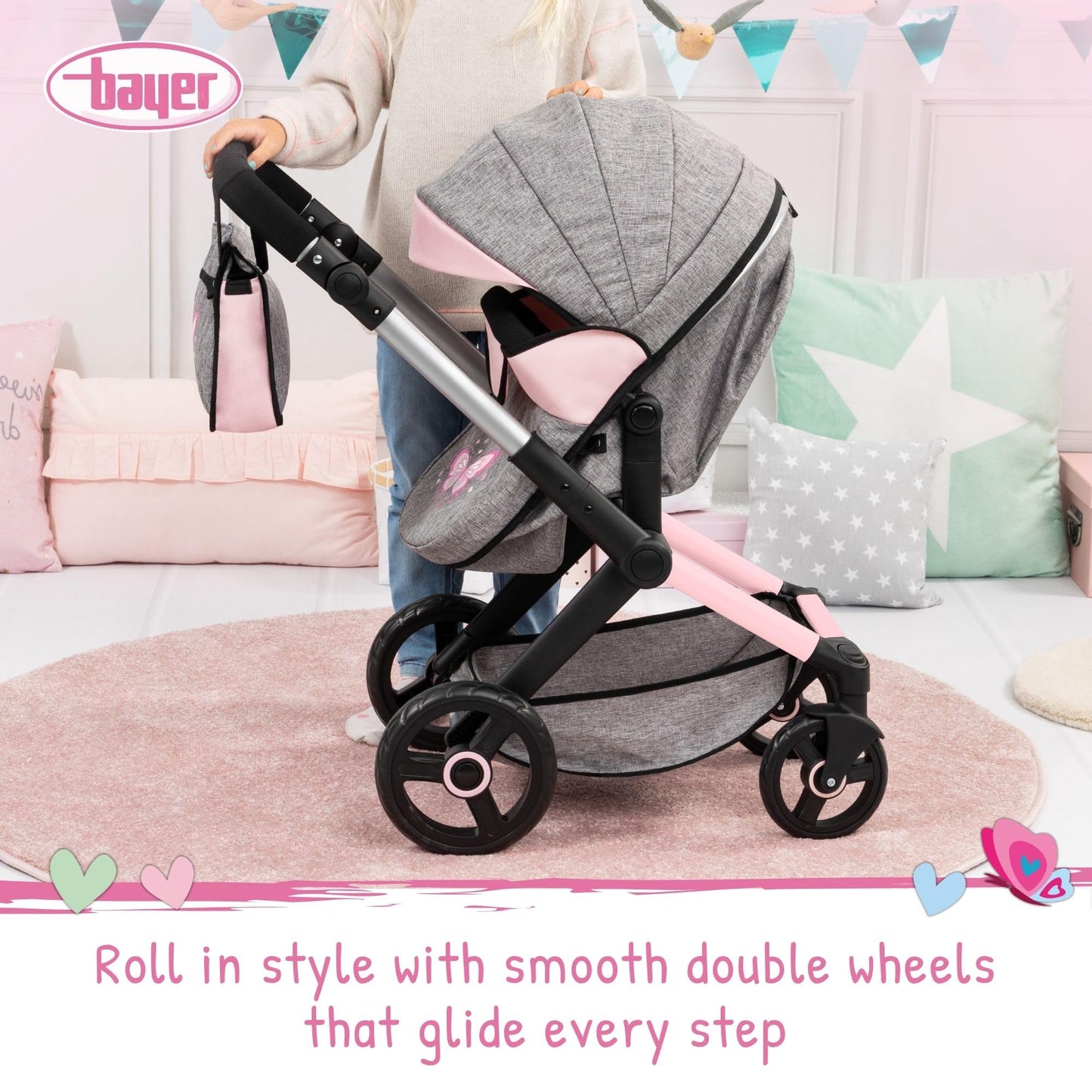 Bayer Design 17033AA Doll's pram Xeo, Stroller, Height-Adjustable, Reversible Handle, Convertible, Bag, Jeans-Grey, Pink