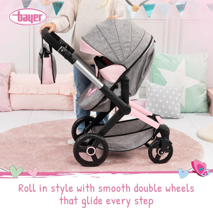 Bayer Design 17033AA Doll's pram Xeo, Stroller, Height-Adjustable, Reversible Handle, Convertible, Bag, Jeans-Grey, Pink