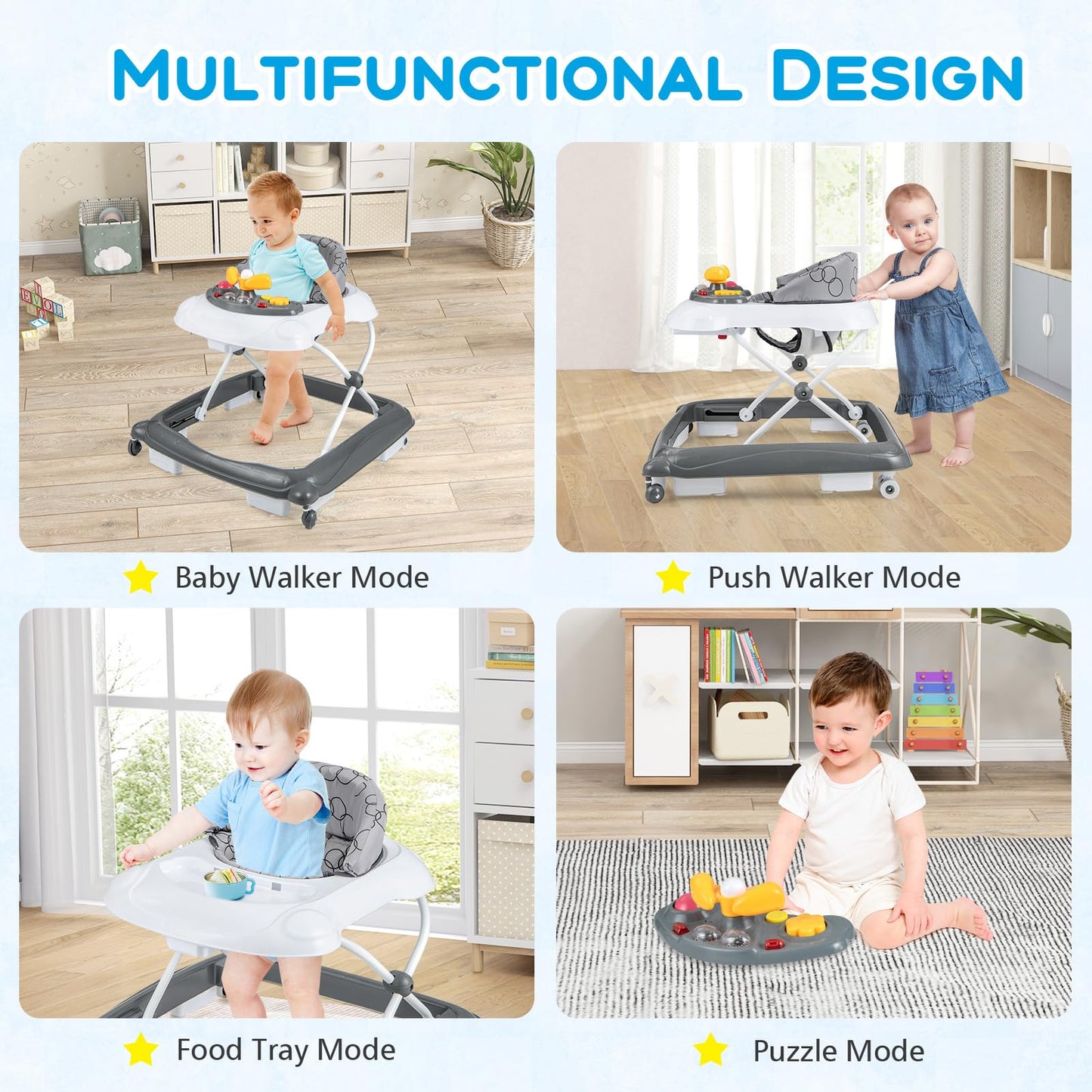 Maxmass 4-in-1 baby walker with foldable design, adjustable heights, removable lights and music tray, padded seat for infants 6-14 months.