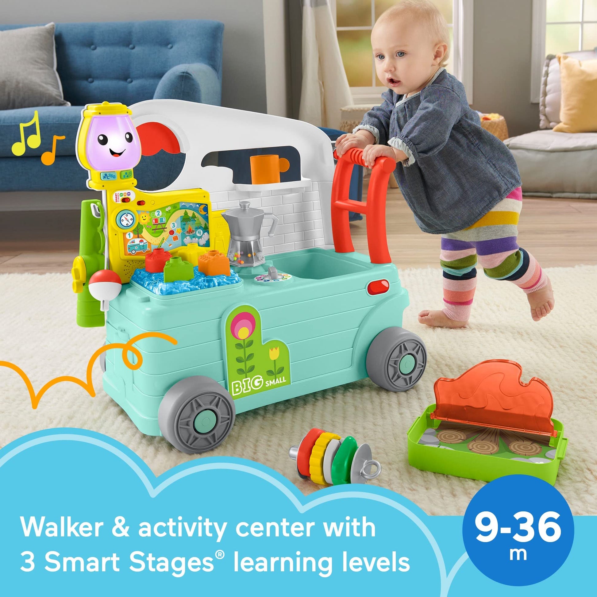 Fisher-Price Laugh & Learn 3-in-1 on-the-go camper toy for infants, featuring colorful musical push-along walker and activity center.