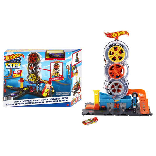 Hot Wheels City Super Twist Tire Shop Playset with spinning tires and included Hot Wheels car for imaginative play.