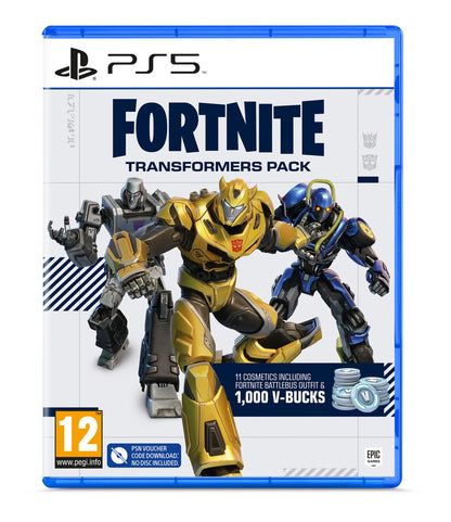 Fortnite Transformers Pack game download code for PS5 by U&I Entertainment, featuring Transformers-themed artwork on the box.