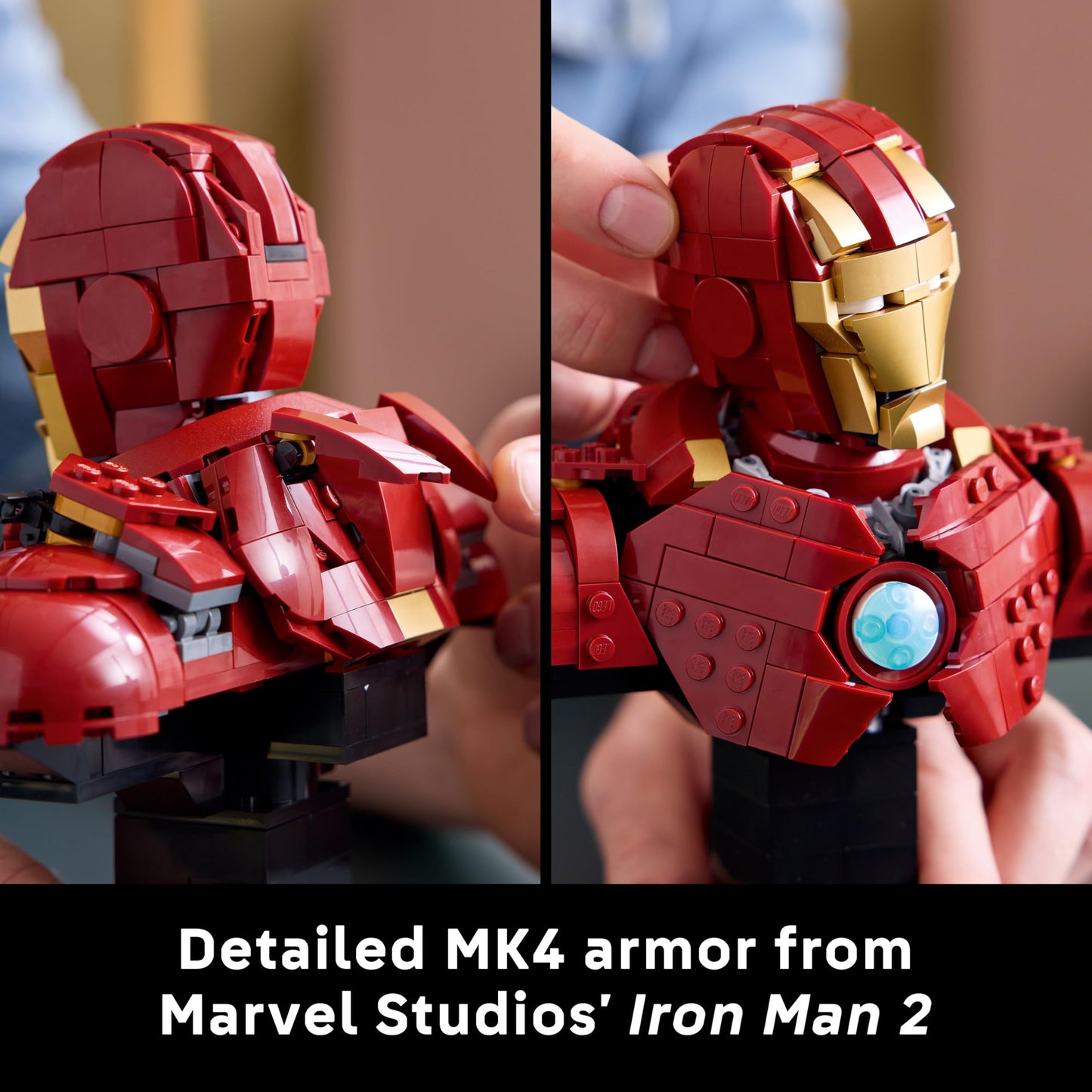 LEGO Marvel Iron Man MK4 Bust display model with Tony Stark minifigure, shoulder cannons, and rotating head.
