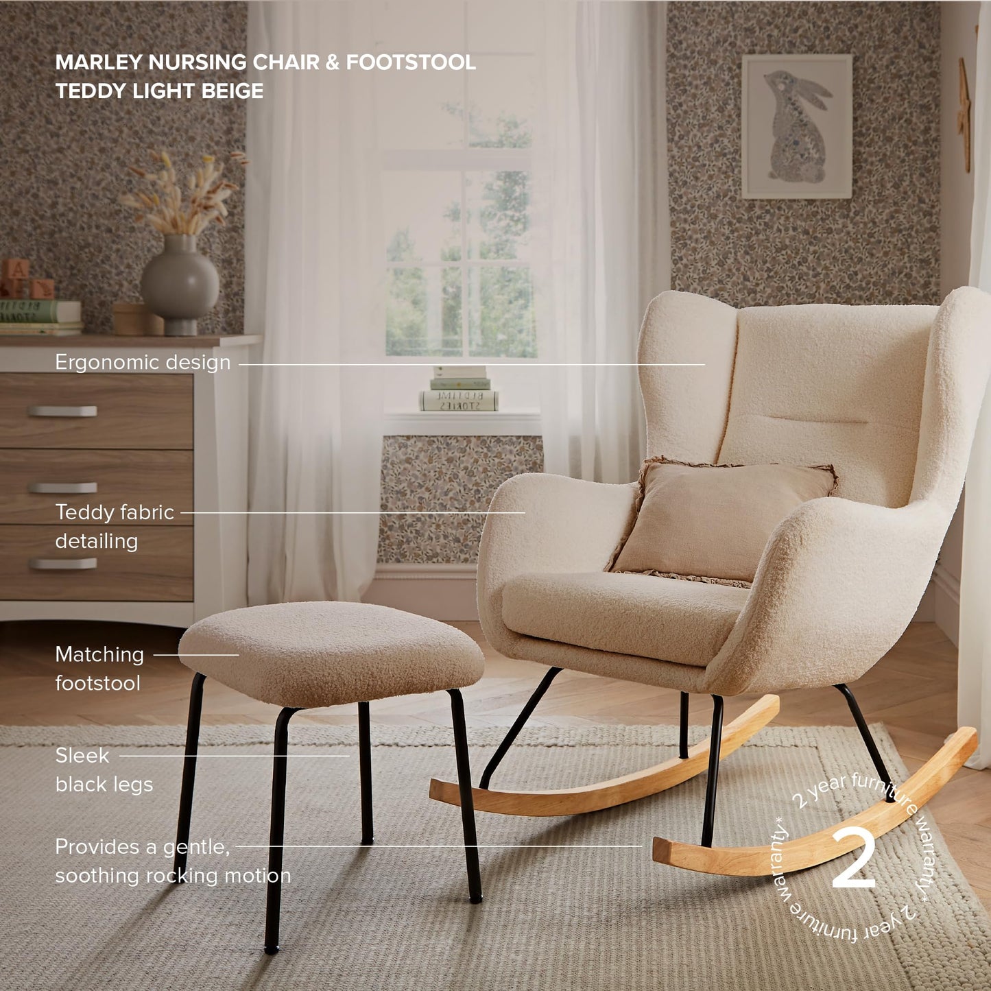 Light beige CuddleCo Marley nursing chair with matching footstool, plush fabric, and wooden rocking base for comfortable breastfeeding.