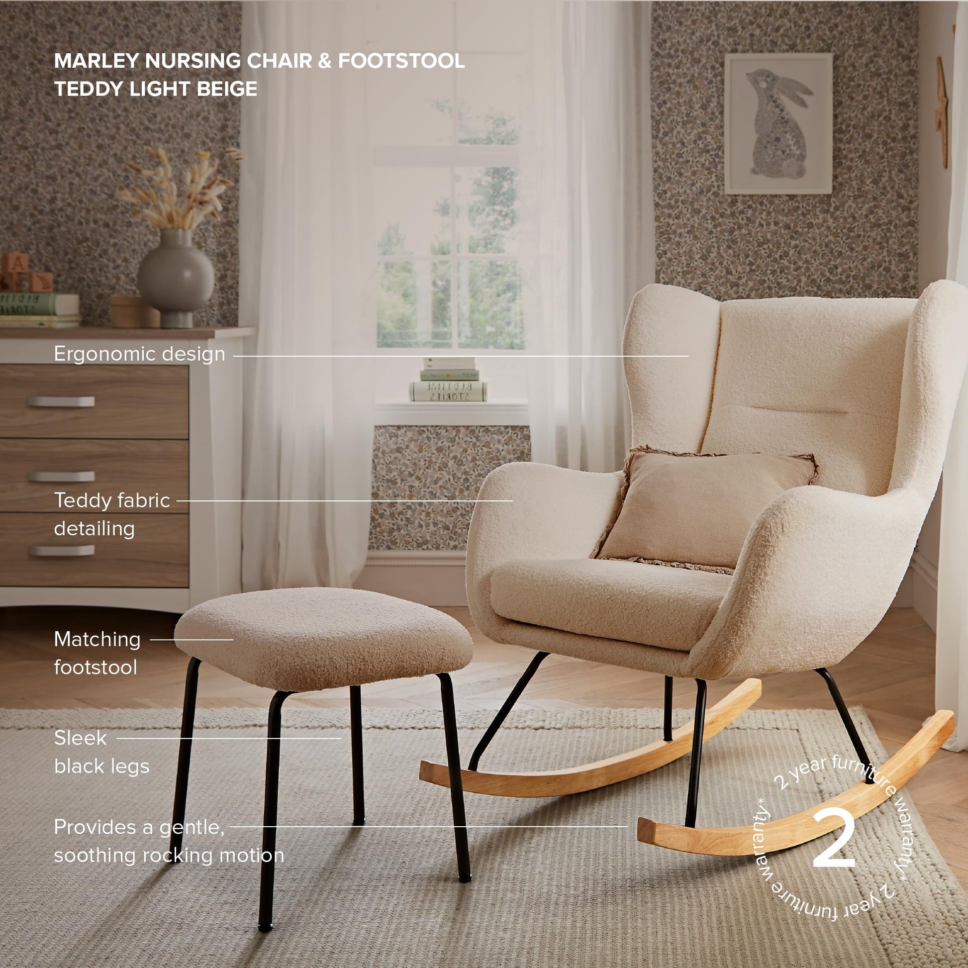 Light beige CuddleCo Marley nursing chair with matching footstool, plush fabric, and wooden rocking base for comfortable breastfeeding.