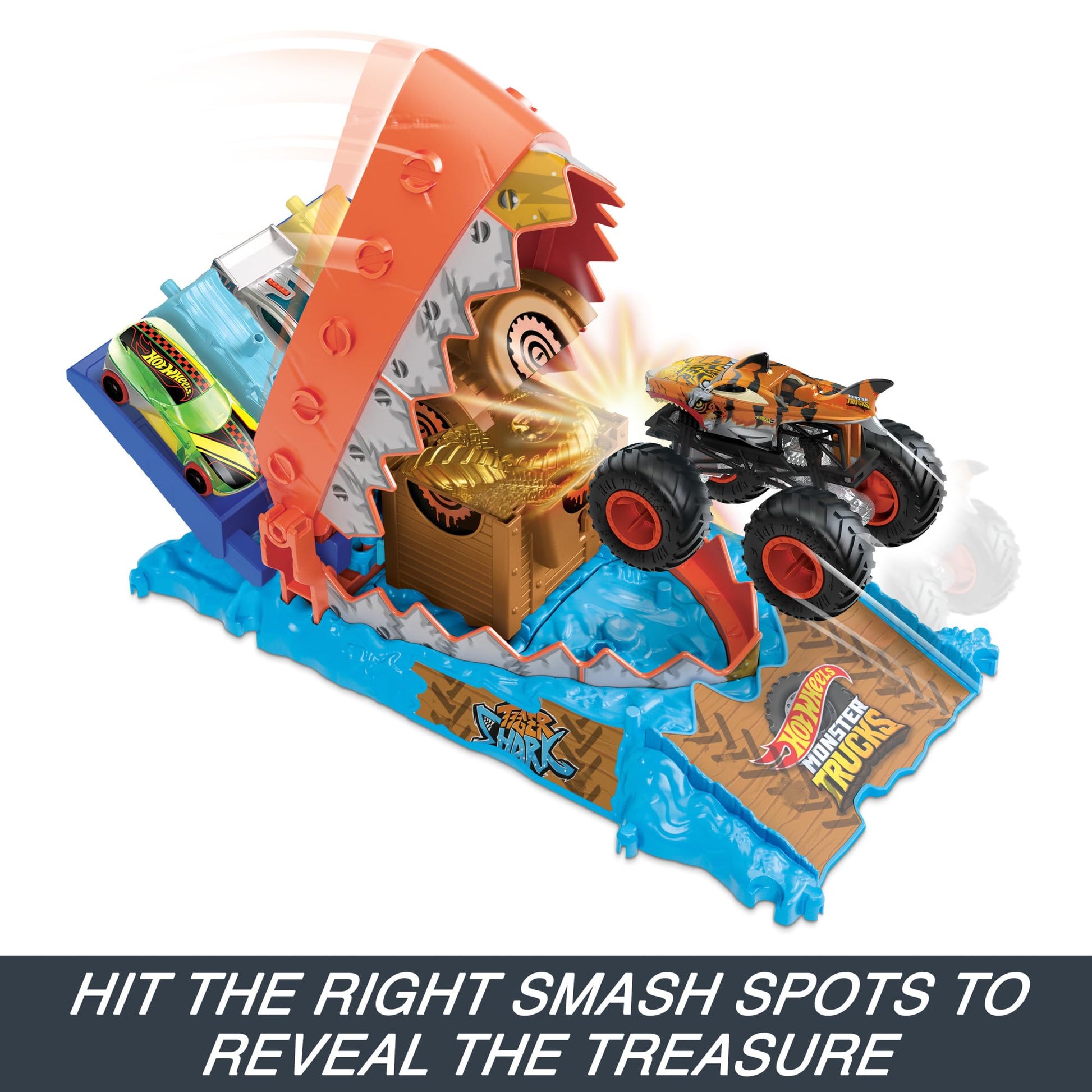Hot Wheels Monster Trucks Arena Smashers playset featuring Tiger Shark toy truck and crushed car in action.